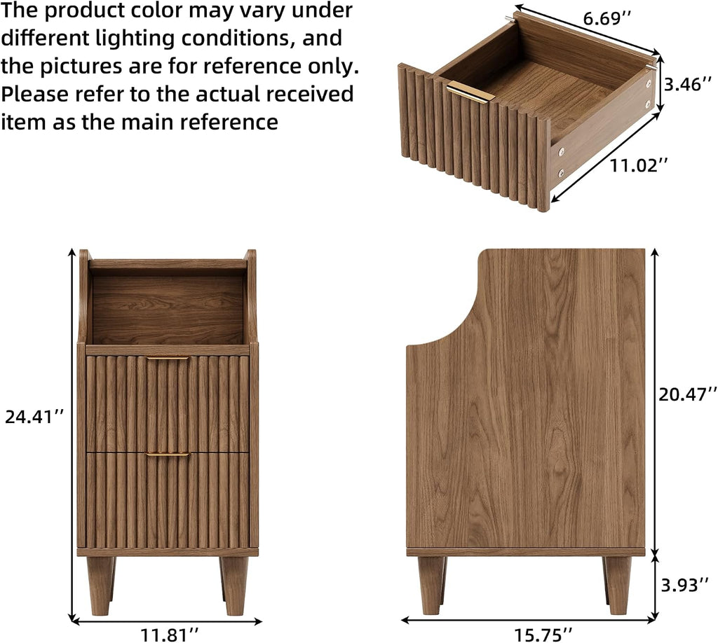 Narrow Nightstand Set of 2,11.8' Fluted Bedside Table Set of 2, Slim Side End Table with 2 Drawers, Wooden Bedside Table, Mid Century Modern Night Stand for Bedroom Livingroom Sofa Office