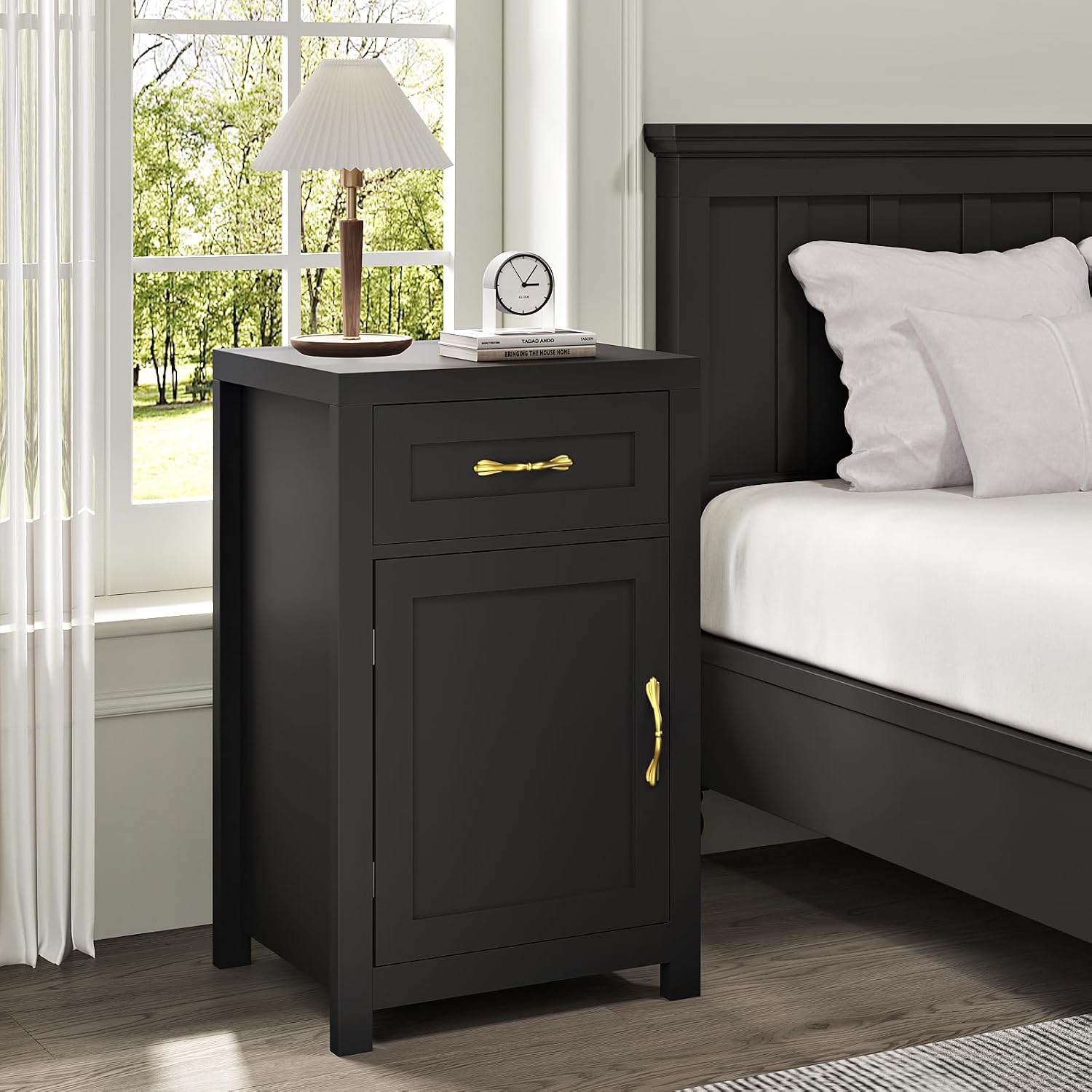 Black Nightstand Set of 2 with Drawer, Farmhouse End Table with Storage Cabinet and Adjustable Shelf, 30' Tall Bedside Table Rustic Wood Sofa Side Table for Living Room, Bedroom