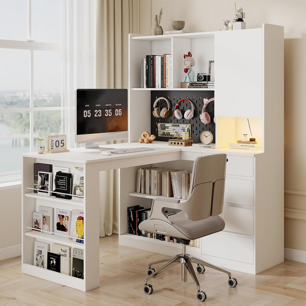 Zevemomo L Shaped Desk with Hutch and 4 Drawers, Computer Desk with USB Ports, Power Outlets & LED Light, Wood Corner Computer Desks with Storage Shelves for Home Office, White, Left Long