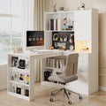 Zevemomo L Shaped Desk with Hutch and 4 Drawers, Computer Desk with USB Ports, Power Outlets & LED Light, Wood Corner Computer Desks with Storage Shelves for Home Office, White, Left Long