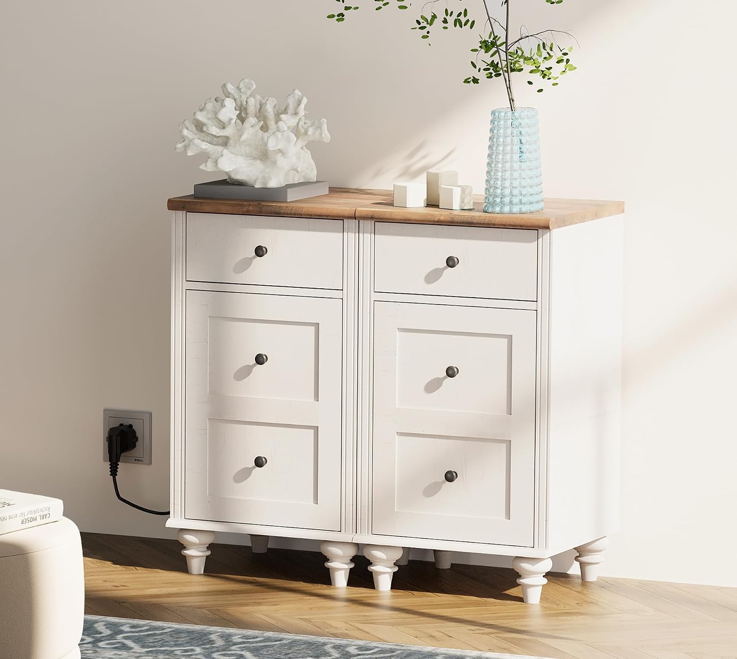 WAMPAT White End Table with Charging Station, Nightstand with Power Outlets & USB Ports, Modern Side Table with Drawer and Storage Cabinet for Bedroom (2PCS)