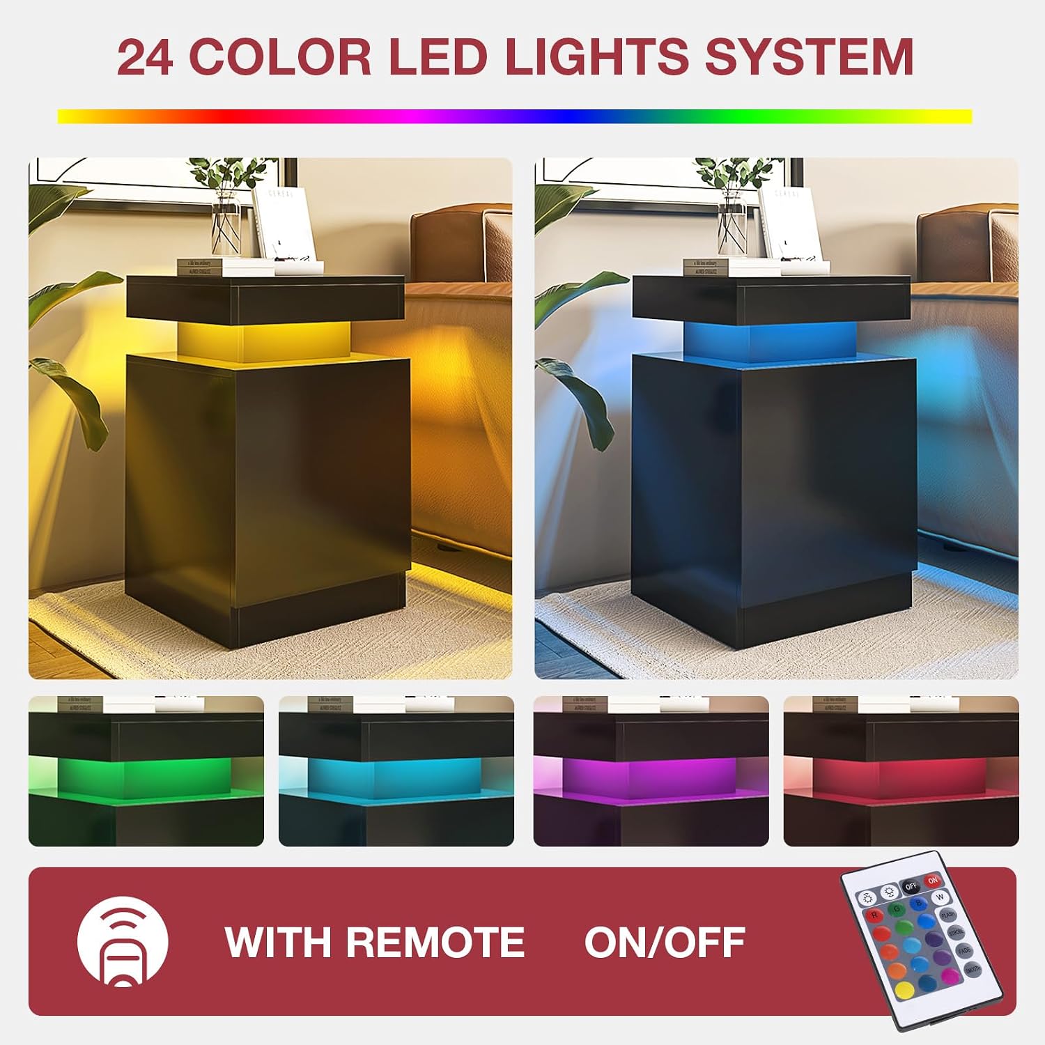 LED Nightstands Set of 2, 17 Inches Night Stand Set 2, Modern Bedside Table with LED Lights, High Gloss Surface, End Table with Storage for Bedroom, Black