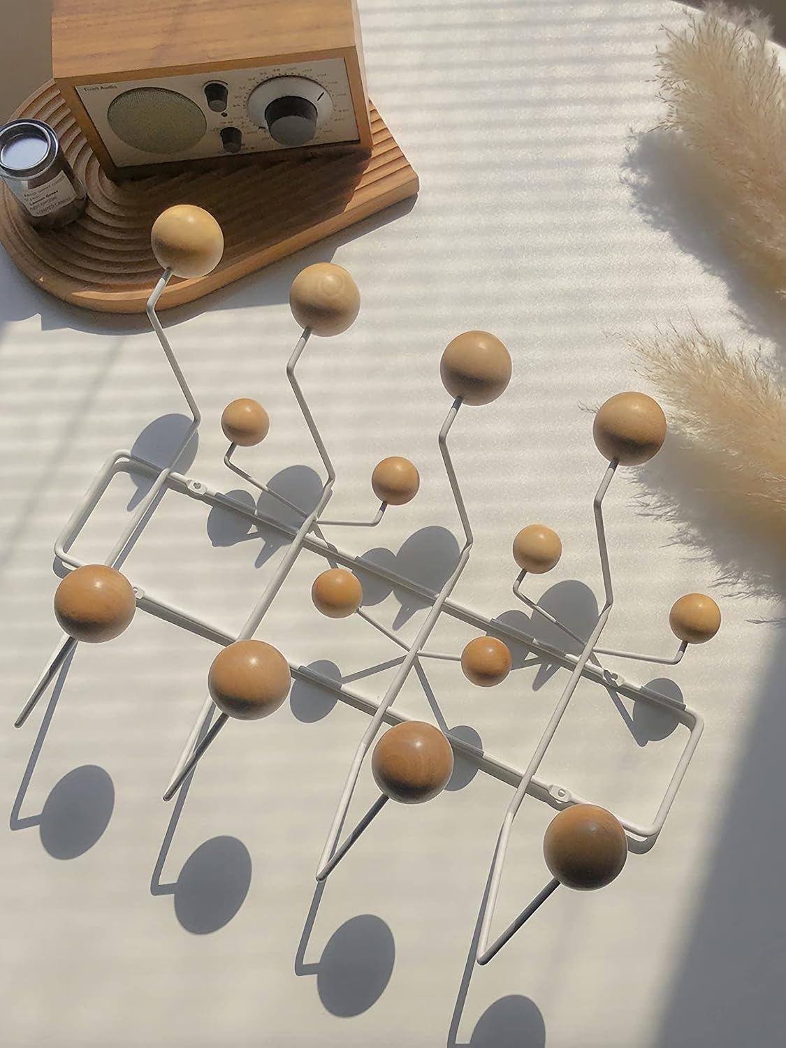 SHISEDECO Classic Hang it All Coat Rack, Mid Century Modern Wall Mounted Hooks with Painted Solid Wooden Balls, Decorative Creative Fashion Wood Hanger for Home, Bedroom (White Frame Natural)
