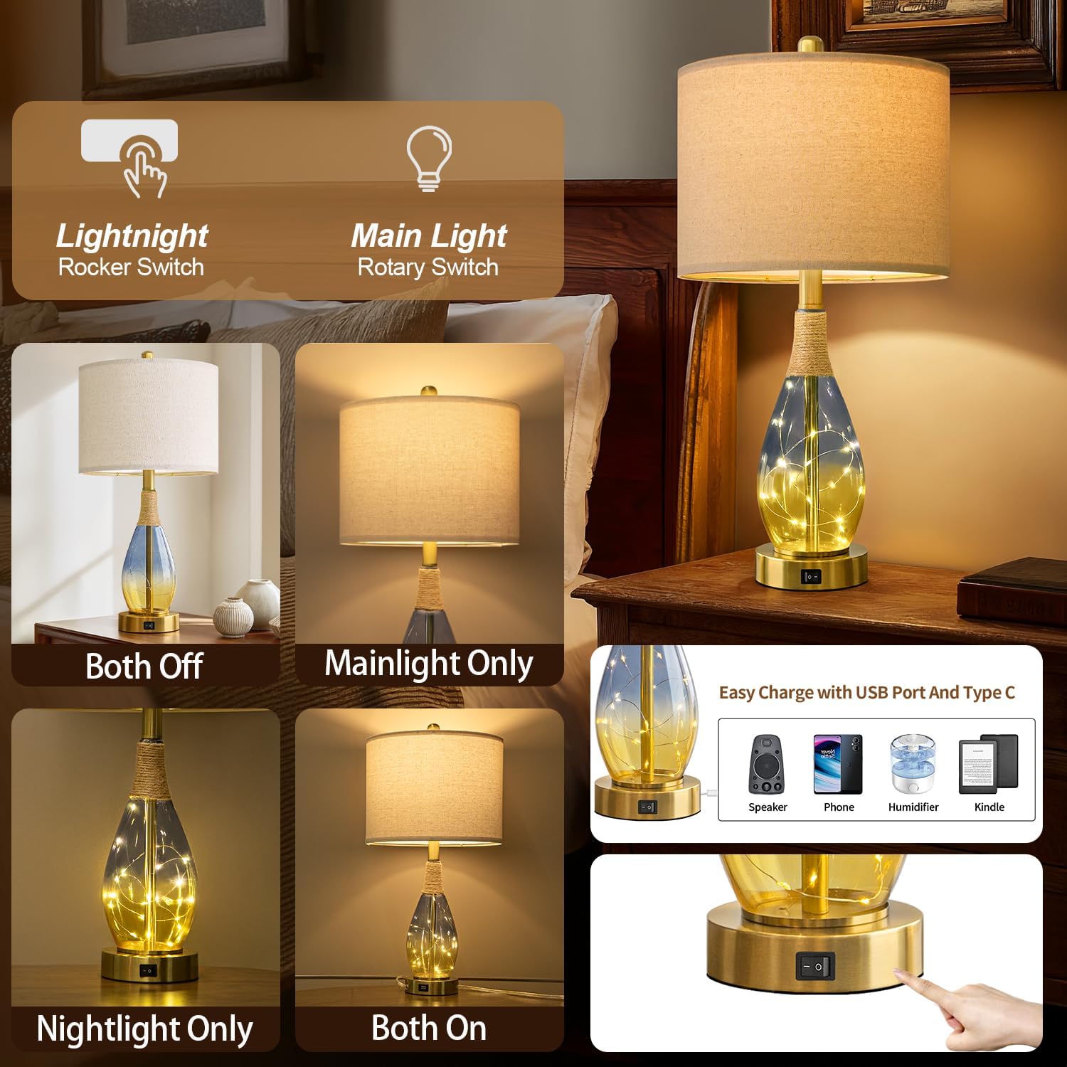 OYEARS 23' Table Lamps for Living Room Set of 2,Bedside Lamps for Night Stands, Rattan Lamps for Bedroom,Farmhouse Lamps with Glass Nightlight,Two Light Points