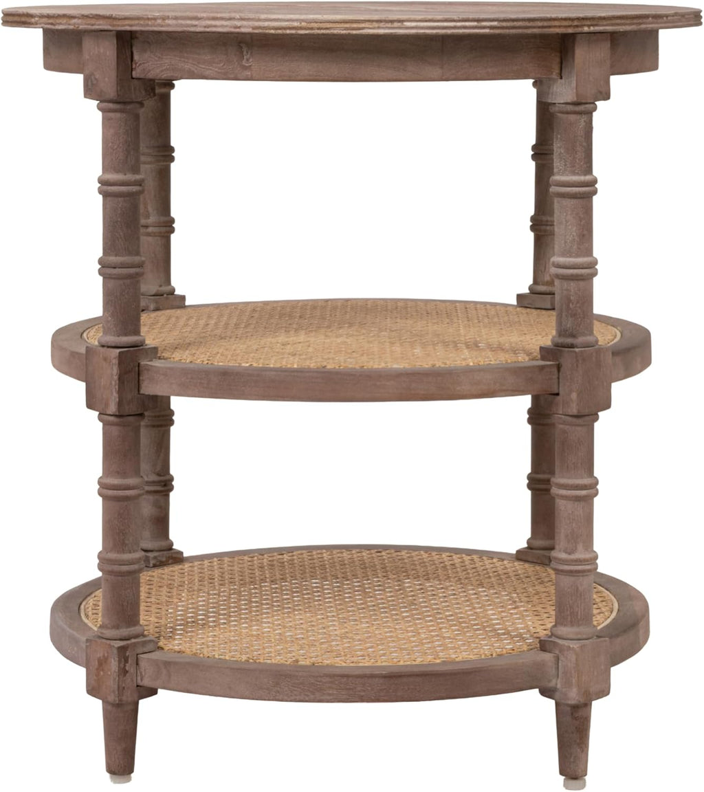 Creative Co-Op Round Mango Wood Table with 2 Cane Shelves