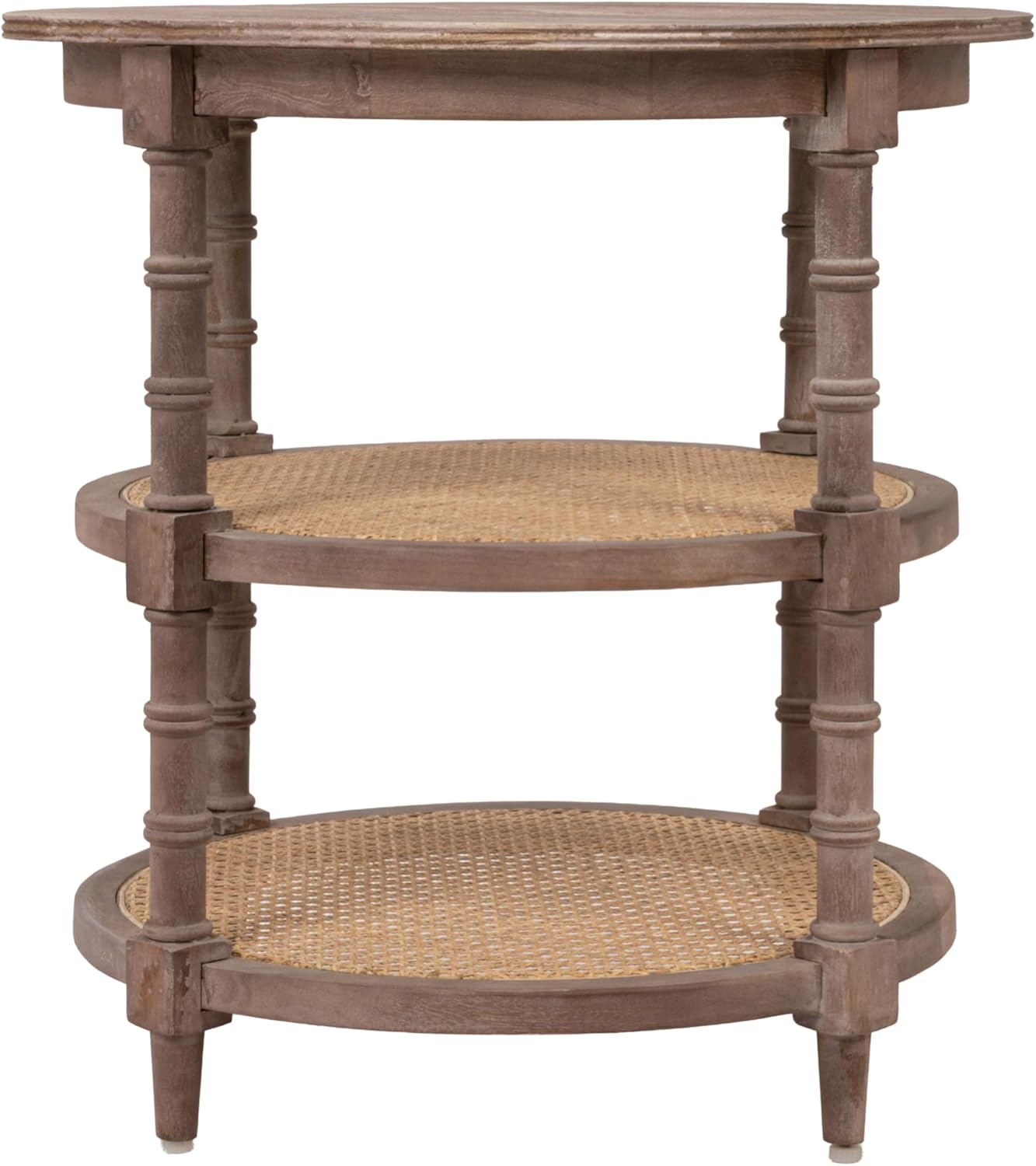 Creative Co-Op Round Mango Wood Table with 2 Cane Shelves