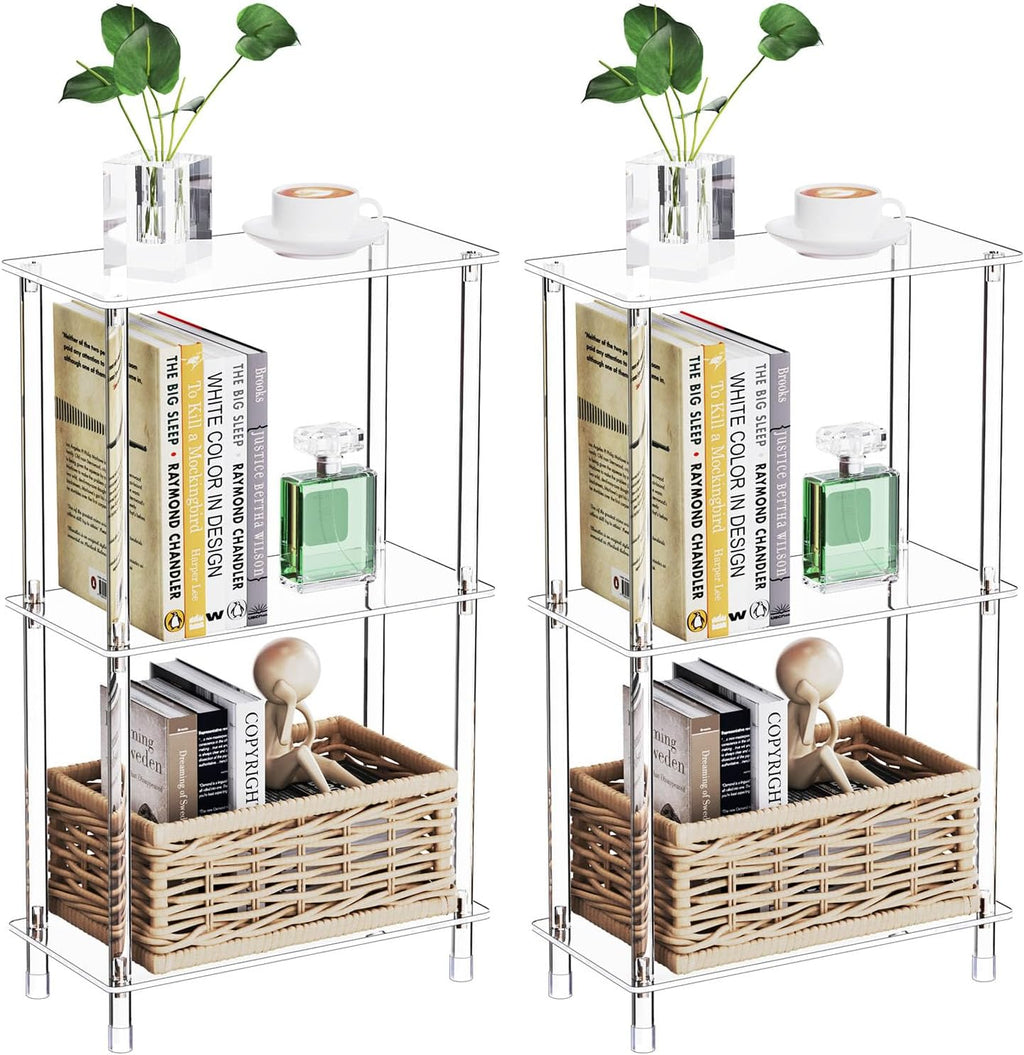 Clear Acrylic Narrow Side Table Set of 2 for Small Spaces, 15.75' L x 7.87' W x 26.7' H, 3 Tier Rectangle Slim End Table Nightstand, Small Mini Skinny Bedside Table for Bedroom, Living Room