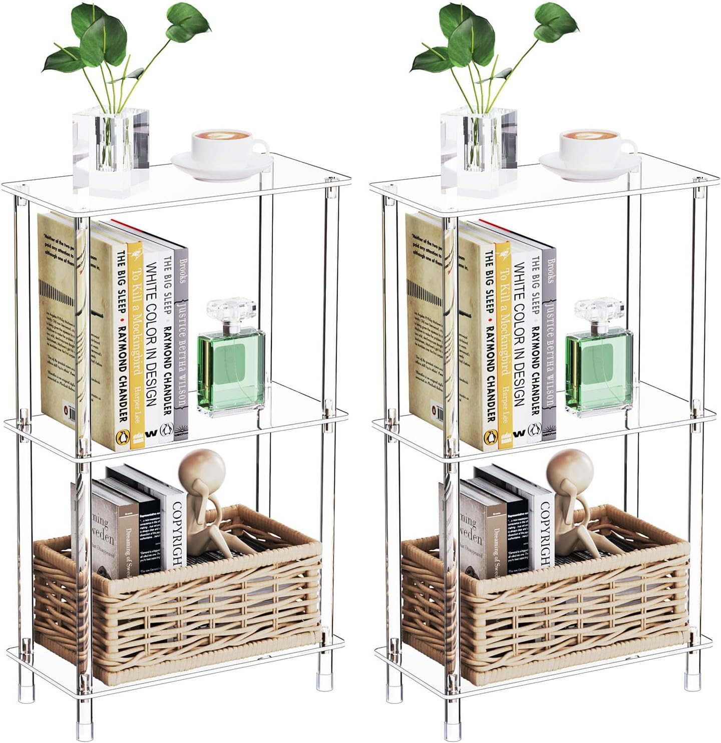 Clear Acrylic Narrow Side Table Set of 2 for Small Spaces, 15.75' L x 7.87' W x 26.7' H, 3 Tier Rectangle Slim End Table Nightstand, Small Mini Skinny Bedside Table for Bedroom, Living Room