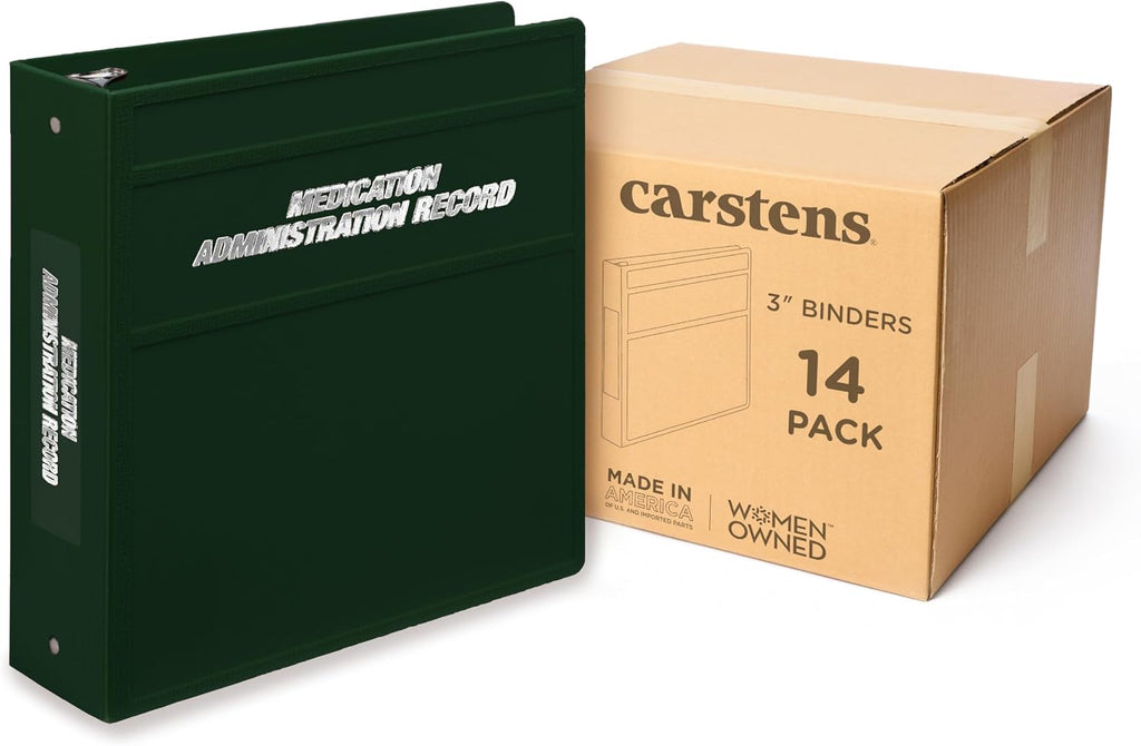 Carstens 3-Inch Heavy Duty Round Ring Binder for Medication Administration Records – Side Opening Forest Green, Case of 14, Durable Plastic, No Pockets Holds 400 Letter Sheets, Made in USA (1812-3RCS)