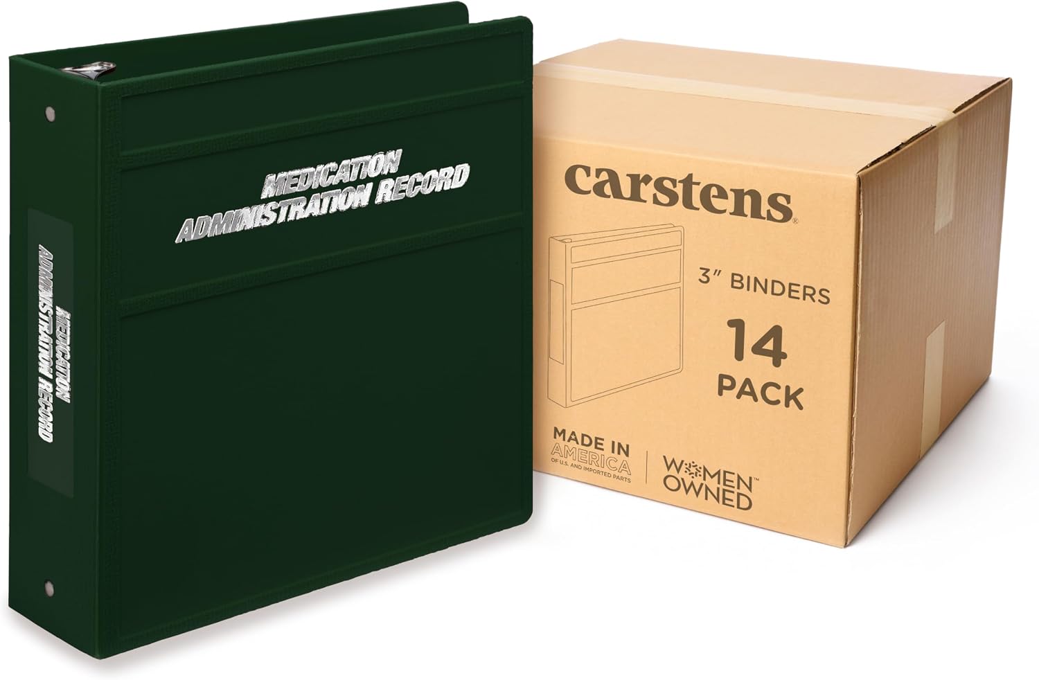Carstens 3-Inch Heavy Duty Round Ring Binder for Medication Administration Records – Side Opening Forest Green, Case of 14, Durable Plastic, No Pockets Holds 400 Letter Sheets, Made in USA (1812-3RCS)