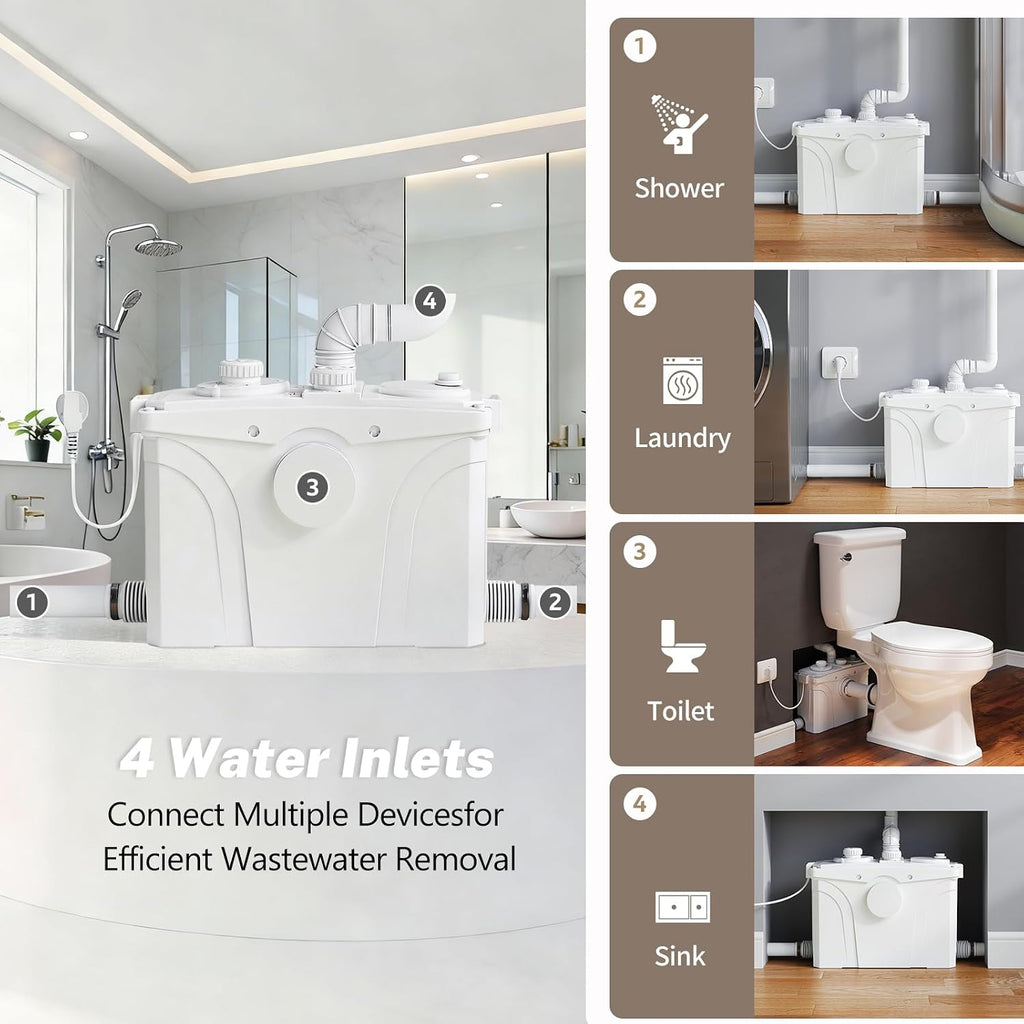 700W Macerating Toilet with Pump, Two-Piece Upflush Toilet For Basement, Powerful & Quiet Macerating Pump System With 4 Water Inlet, 23Ft Vertically, Elongated Bowl