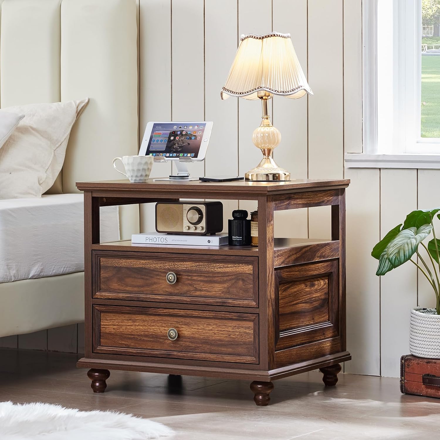 Joaxswe 24' Wide Farmhouse Night Stand Set of 2,Large End Table with 2 Drawers & Metal Handle,Brown Wood Dresser for Bedroom, Bed Side Table Chest of Drawers Cabinet, Nightstand for Living Room,Closet