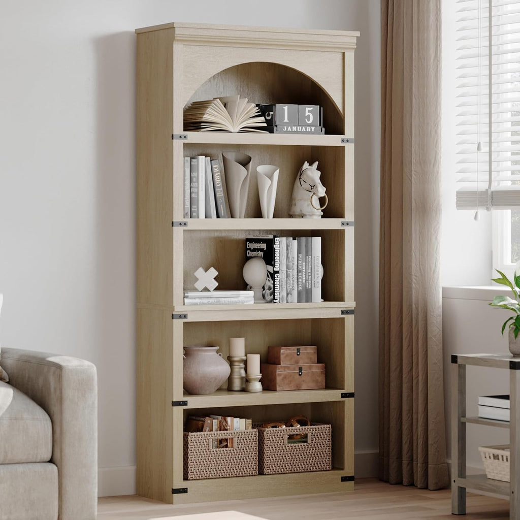 Takywep 5 Shelf Bookcase Arched Bookshelf, Rustic Wood Look Storage Shelf for Home Office Living Room, Easy Assembly, Farmhouse Style Bookcase with Metal Corner Guards, Wood