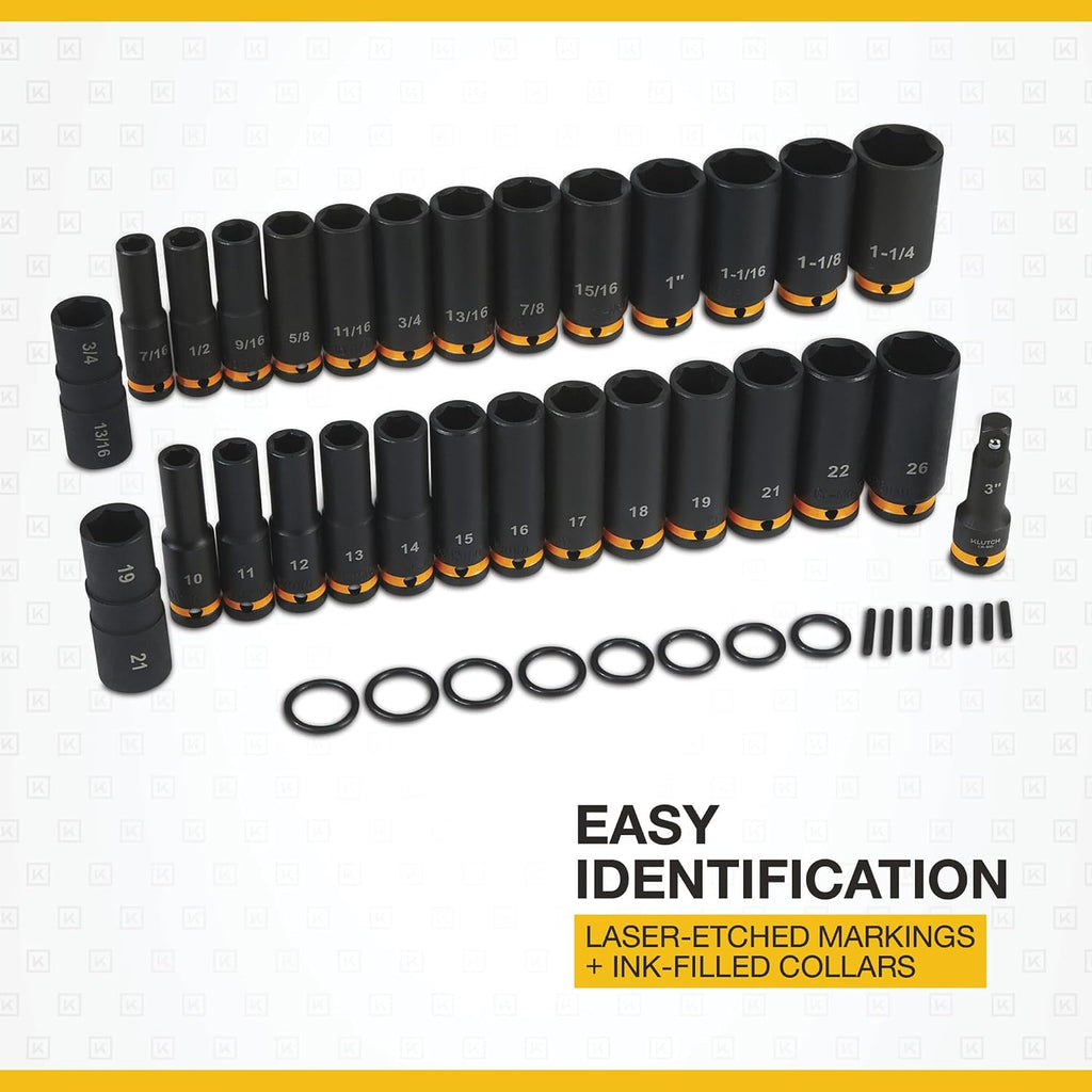 Klutch 1/2in.-Drive Deep Impact Socket Set, SAE + Metric, Chrome Molybdenum, 29-Pc.