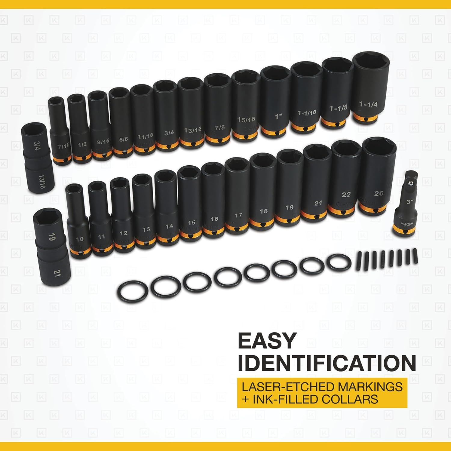 Klutch 1/2in.-Drive Deep Impact Socket Set, SAE + Metric, Chrome Molybdenum, 29-Pc.