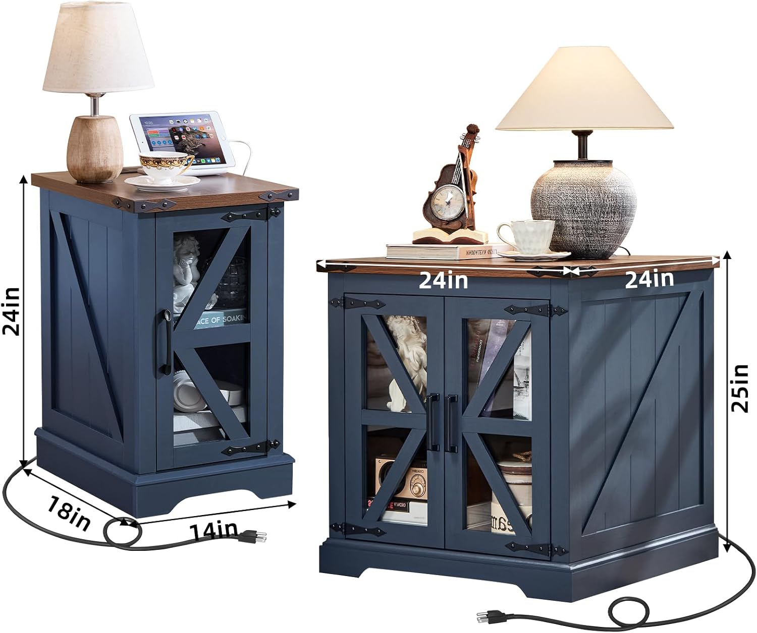 Joaxswe End Tables Living Room Set 3 with Charger Station, Farmhouse 18'' Narrow Night Stand and 24' Square Side Table with Glass Barn Door Storage, Wood Nightstand Bedside Tables for Bedroom Office