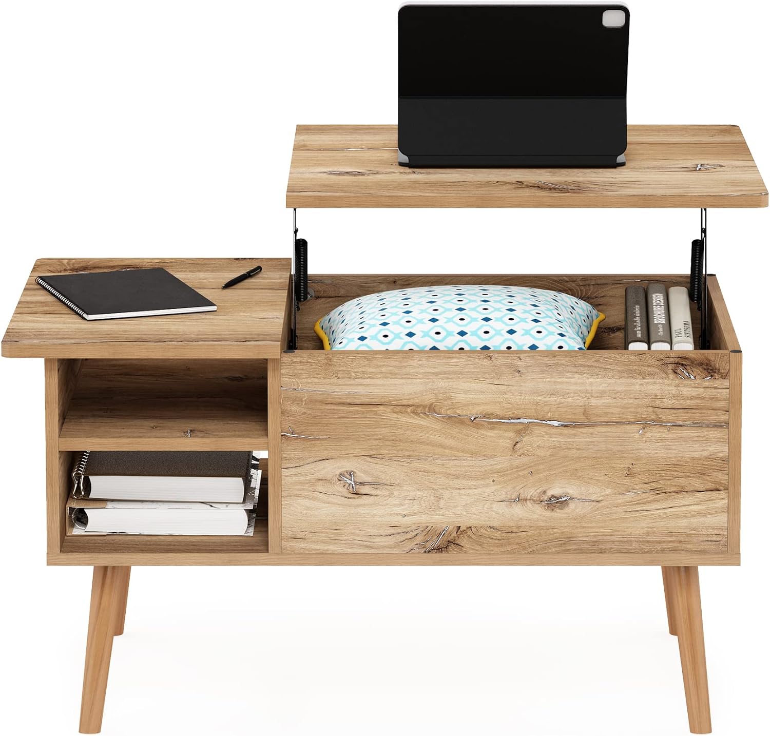 Furinno Jensen Wooden Leg Lift Top Coffee Table with Hidden Compartment and Side Open Storage Shelf for Living Room, Flagstaff Oak