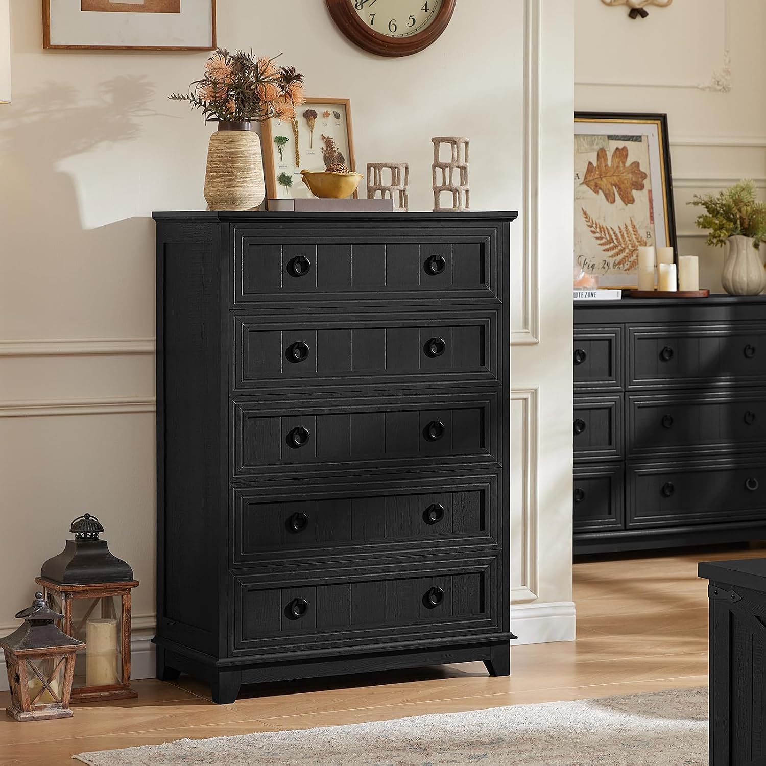 Joaxswe Farmhouse 5 Drawer Dresser for Bedroom Set of 2, 42' Tall Small Dressers & Chest of Drawers, Rustic Wood Dresser with Metal Handle, Storage Organizer Closet for Living Room, Hallway,Entryway