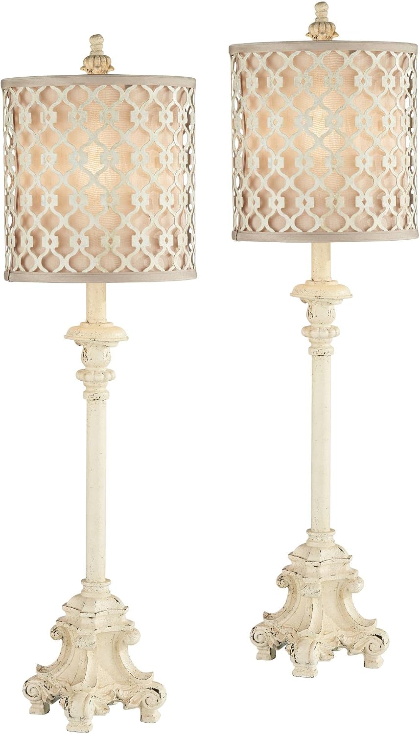 Regency Hill French Candlestick 34' Tall Scroll Skinny Buffet Traditional End Table Lamps Set of 2 Ivory White Living Room Bedroom Bedside Nightstand House Office Home Off-White Shade