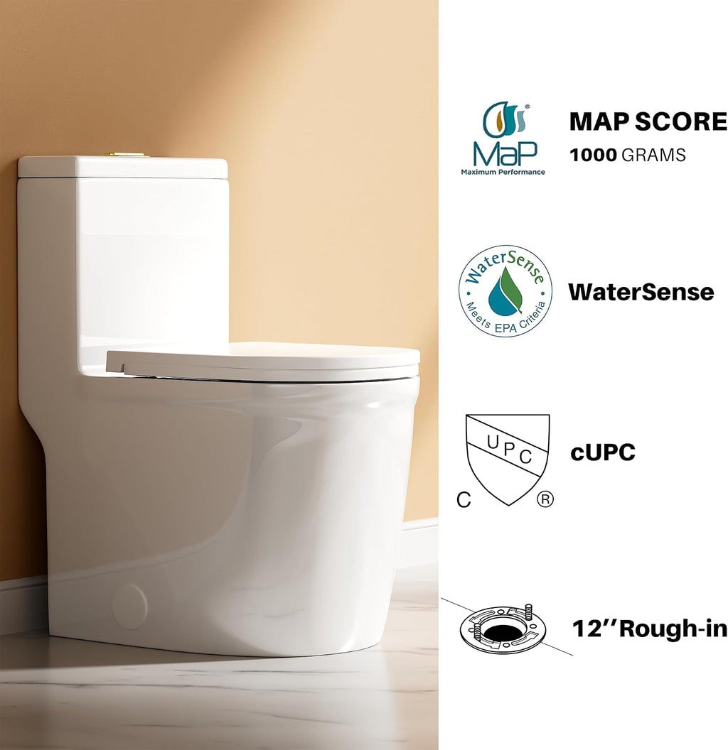 WinZo 23-inch Small Toilet One Piece with Golden Push Button Modern Design For Compact Narrow Bathroom 12' Rough-in White