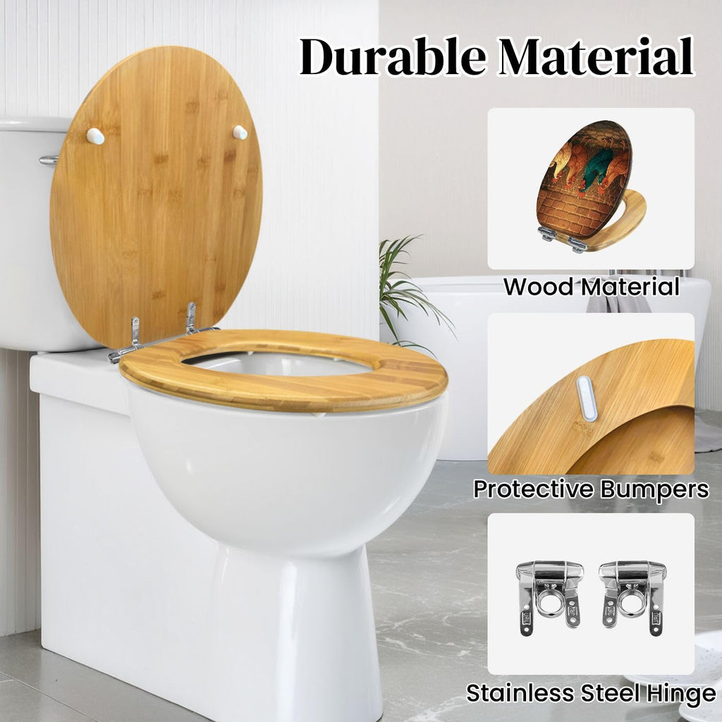 Elongated Toilet Seat Wooden Kitchen Chicken Farm Farmhouse Animal Rooster Rustic Dining Chickens Wood Toilet Seat Slow Quiet Close Lid with Quick-Release Hinges Cover Bumpers Easy to Clean Install