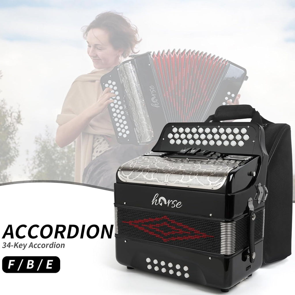 Horse Accordion, 34 Keys 12 Bass Accordion Instrument, F/B/E Tone for Adult Professional Players and Beginners, Comes with Case, Strap, Gloves,Oversleeves, and Wipe Cloth Acordeón Acordeones Adultos