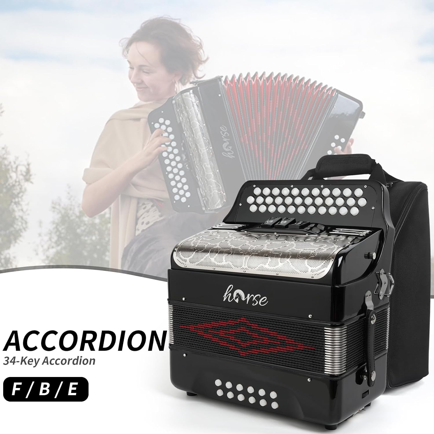 Horse Accordion, 34 Keys 12 Bass Accordion Instrument, F/B/E Tone for Adult Professional Players and Beginners, Comes with Case, Strap, Gloves,Oversleeves, and Wipe Cloth Acordeón Acordeones Adultos