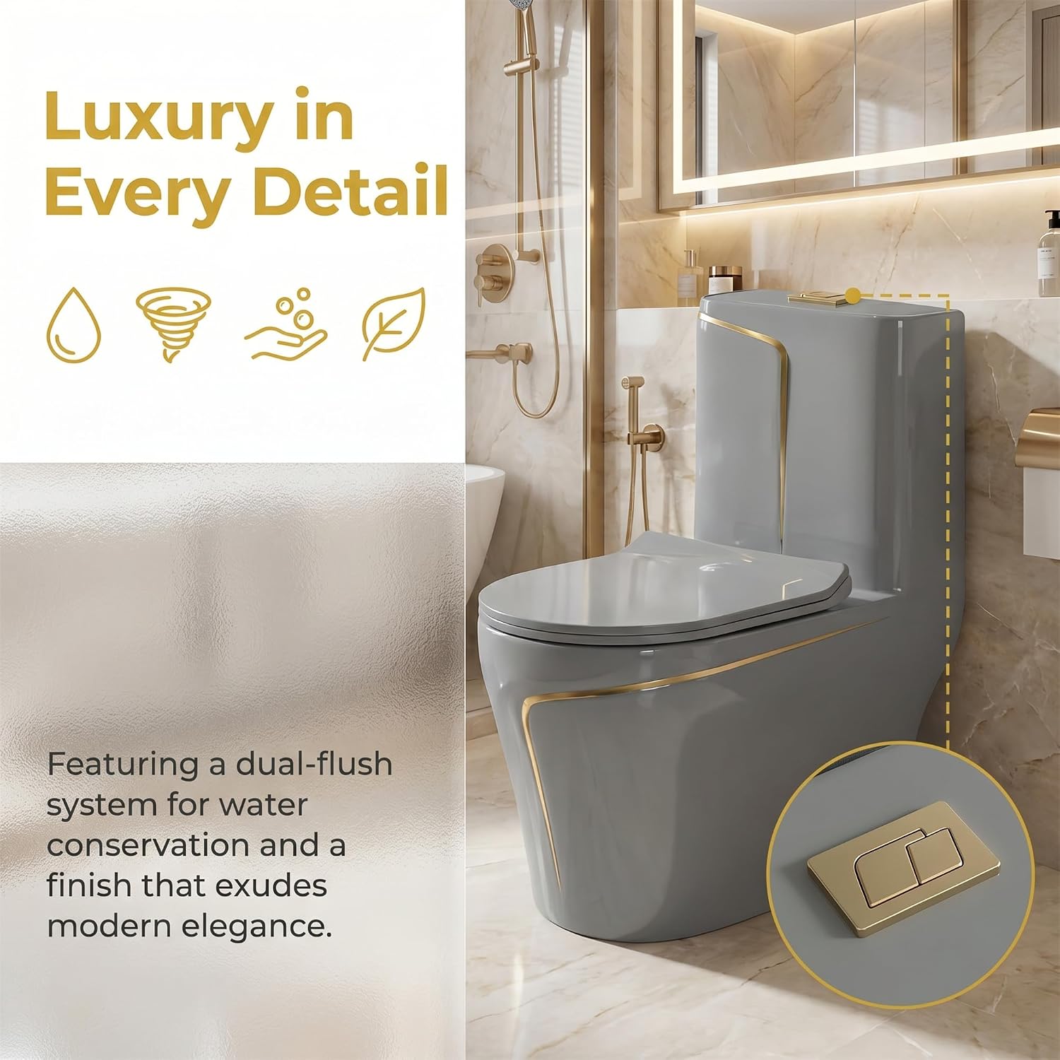 Elongated One Piece Toilet, Water Sense Dual Flush 1.85 Gallons Per Flush Compact Comfort Height, 12' Rough-In Small Bathroom Toilet, Grey (Seat Included)