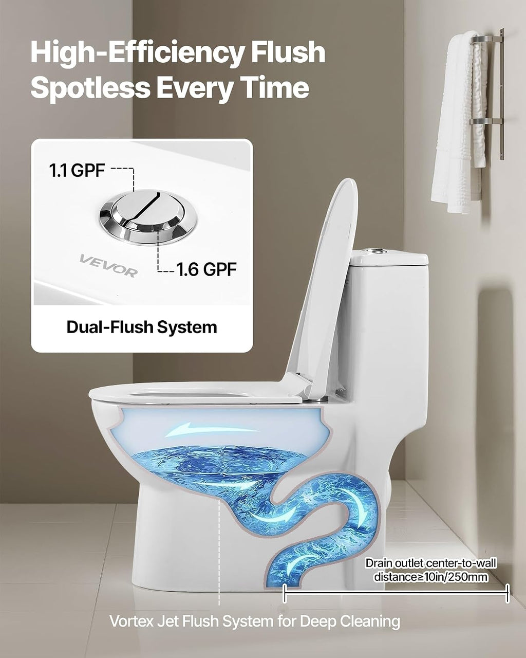 VEVOR One-Piece Toilet, Elongated Toilet Vortex Dual-Flush 1.1/1.6 GPF, Toilets for Bathroom with Comfortable Chair Seat, Standard Height, Easy-Clean Skirted Design, 10 inch Rough-In, White + Silver