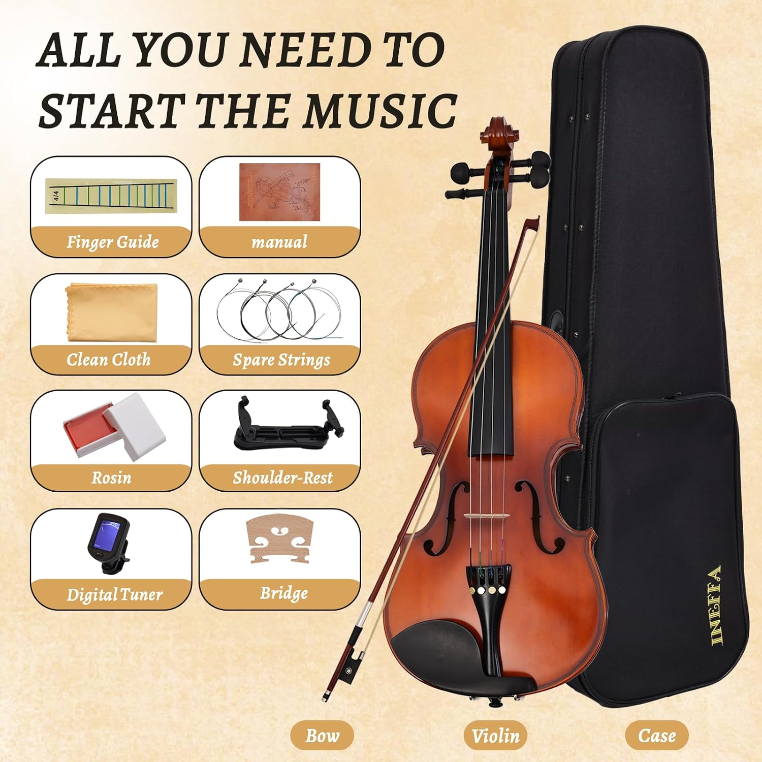 Violin 1/2 for Beginners with Hard Case, Violin Bow, Bridge, Shoulder Rest, Stickers, Tuner, Instruction, Handcraft with Maple, Spruce