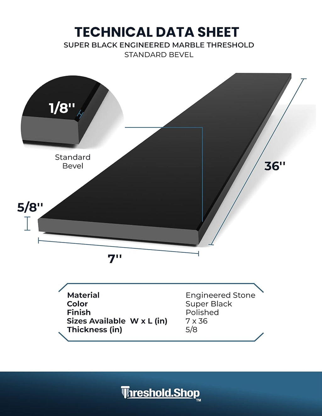 Super Black Engineered Marble Threshold for Shower Curb, Bathroom Vanity Backsplash, Window Sill, Door Transitions (7' x 36')