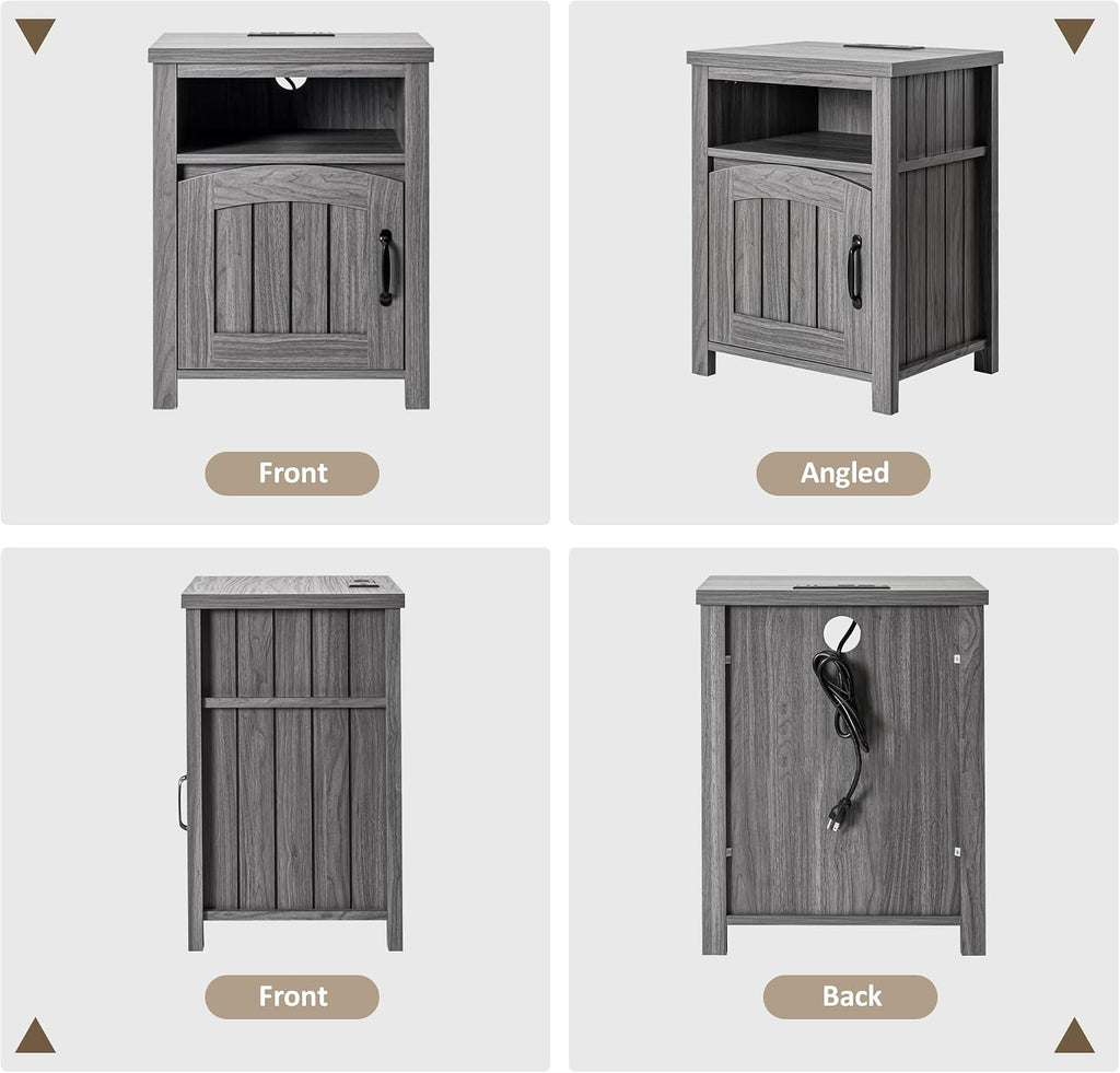 Farmhouse Nightstand with Charging Station Set of 2, 18' End Table with Adjustable Storage Shelf, Rustic Wood Sofa Side Table with Door for Living Room, Bedroom, Dark Gray