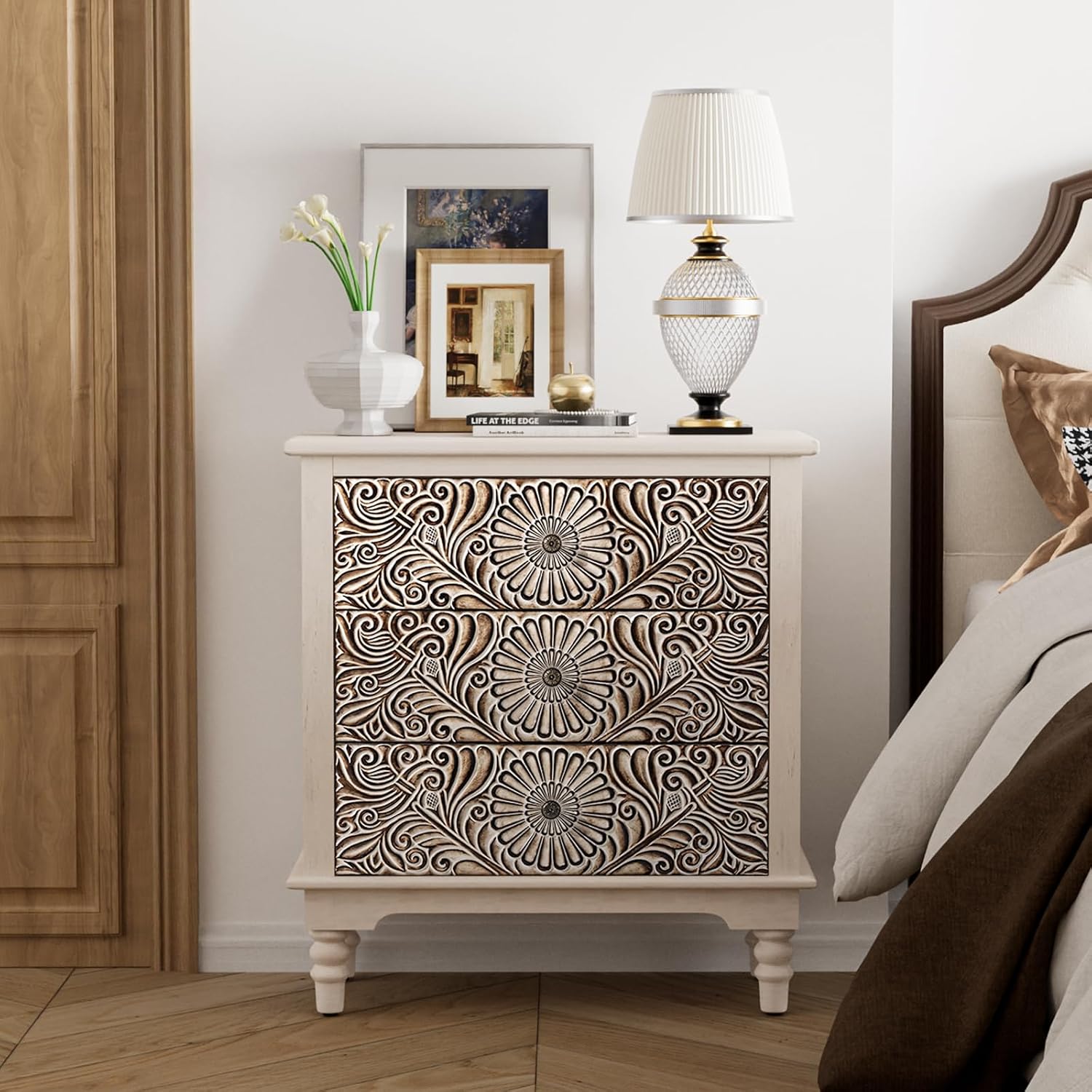 COSIEST Bedside Table Set of 2, Wood Nightstand 3 Drawers, Farmhouse End Table with Storage, Dresser with Drawers for Bedroom, Living Room