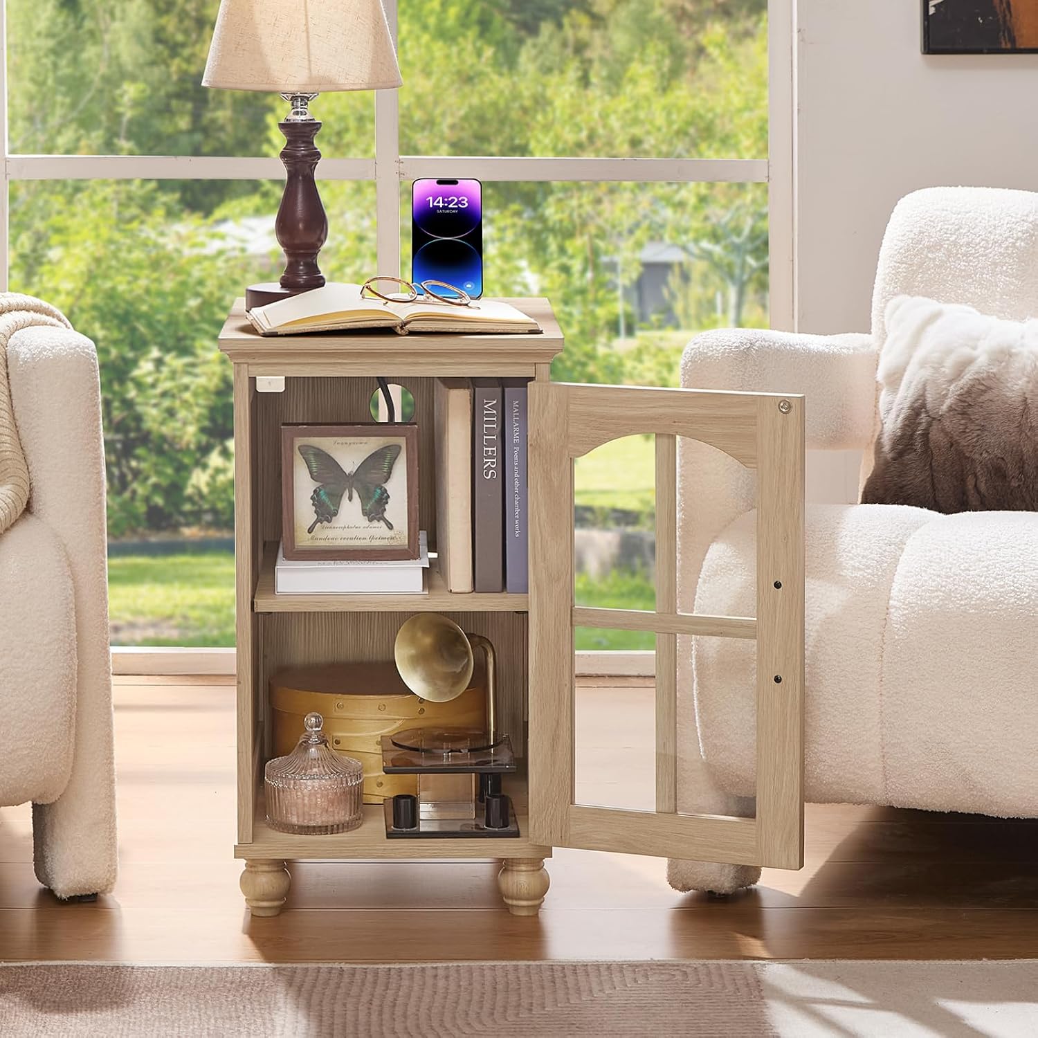 RWYHG End Table Set 3 with Charger Station, 18'' Narrow Nightstand and 24' Large Sofa Side Tables with Glass Barn Door Storage, Farmhouse Night Stands Bedside Table for Living Room,Bedroom