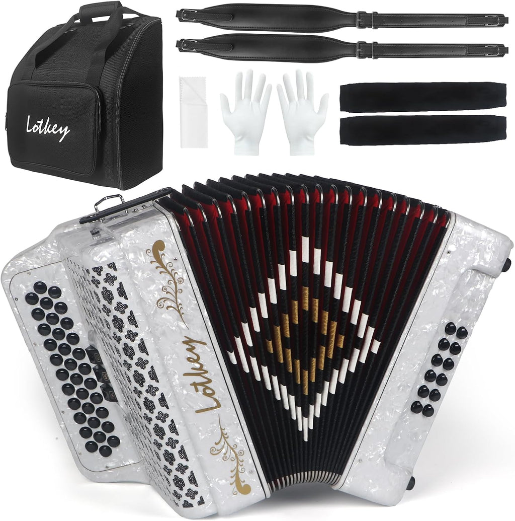 Lotkey 34 Key Diatonic Accordion, 3412 Multi Tone Celluloid Accordions Louder Clearer Timbre than Plastic for Adult, Beginner, Professional with Updated Bag, Straps, Acordeón Wrist Guard (FBE White)