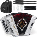 Lotkey 34 Key Diatonic Accordion, 3412 Multi Tone Celluloid Accordions Louder Clearer Timbre than Plastic for Adult, Beginner, Professional with Updated Bag, Straps, Acordeón Wrist Guard (FBE White)