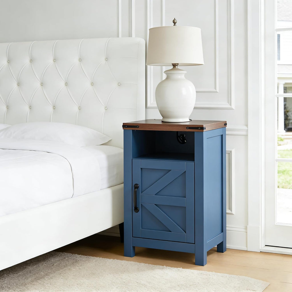 Farmhouse Nightstand Set of 2, Bedside Table with Charging Station, Night Stand with Barn Door, Blue End Table Sofa Side, Nightstand Storage for Bedroom Living Room, Blue