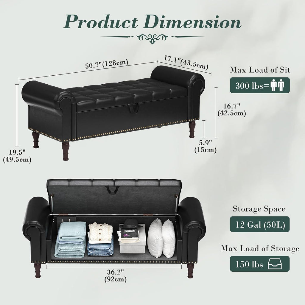 Apicizon 51' Bench with Storage, Queen Size Faux Leather End of Bed Bench with Tufted Button, Ottoman Bench with Rolled Arms & Vintage Rivets for Foot of Bed, Living Room, Entrance, Black
