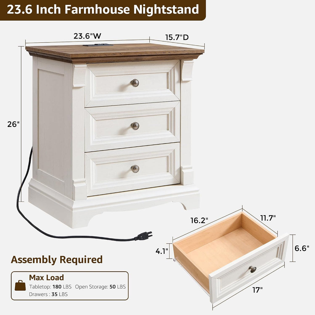 T4TREAM Farmhouse 26' Tall Nightstand with Charging Station, 23.6' End Table with 3 Drawers Storage, Wood Side Table w/Roman Column, Bedside Cabinet for Bedroom, Living Room, Antique White