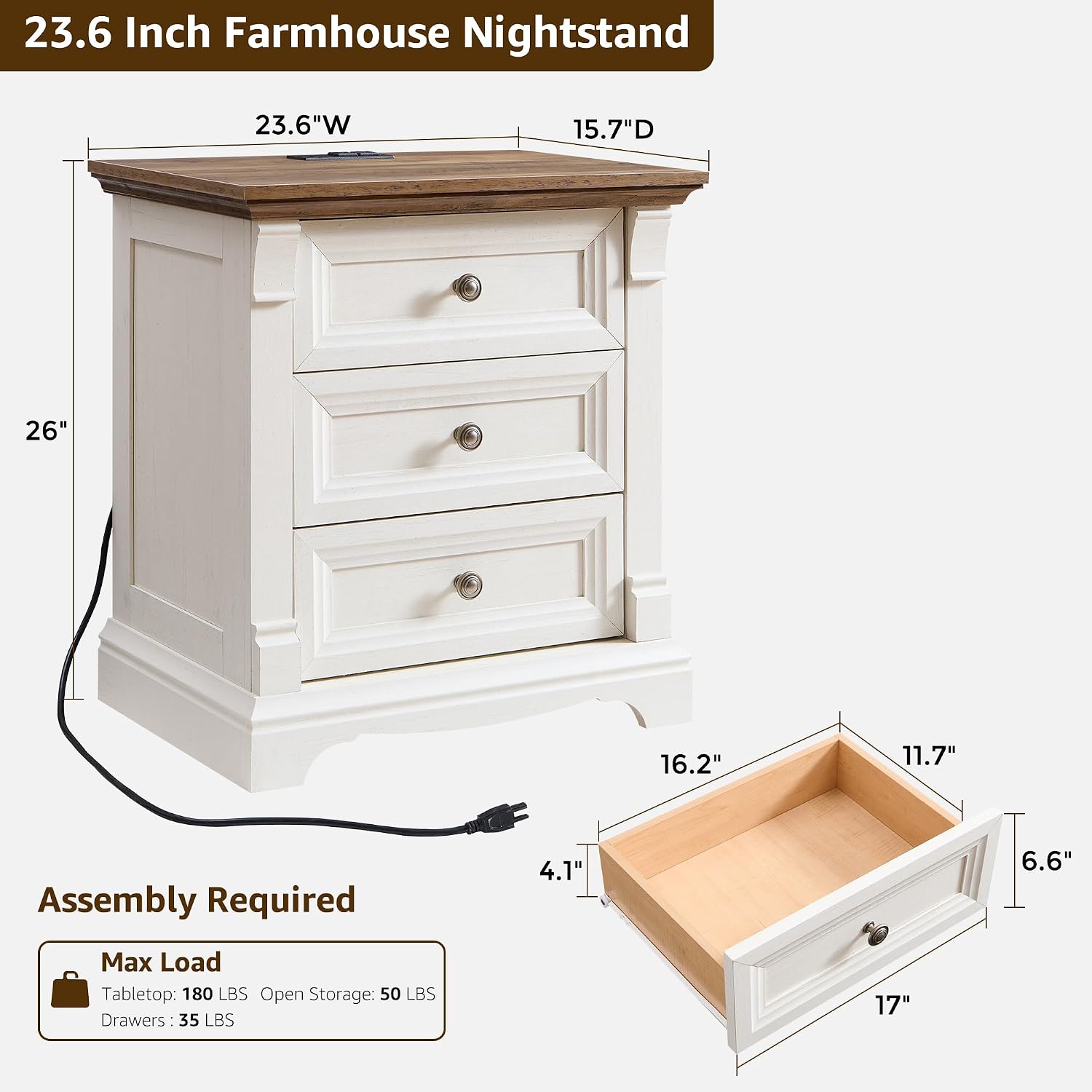 T4TREAM Farmhouse Nightstand Set of 2, 23.6' End Table with 3 Drawers Storage, Wood Side Table w/Roman Column, End Tables Living Room Set of 2, Bedside Cabinet for Bedroom, Living Room, Antique White