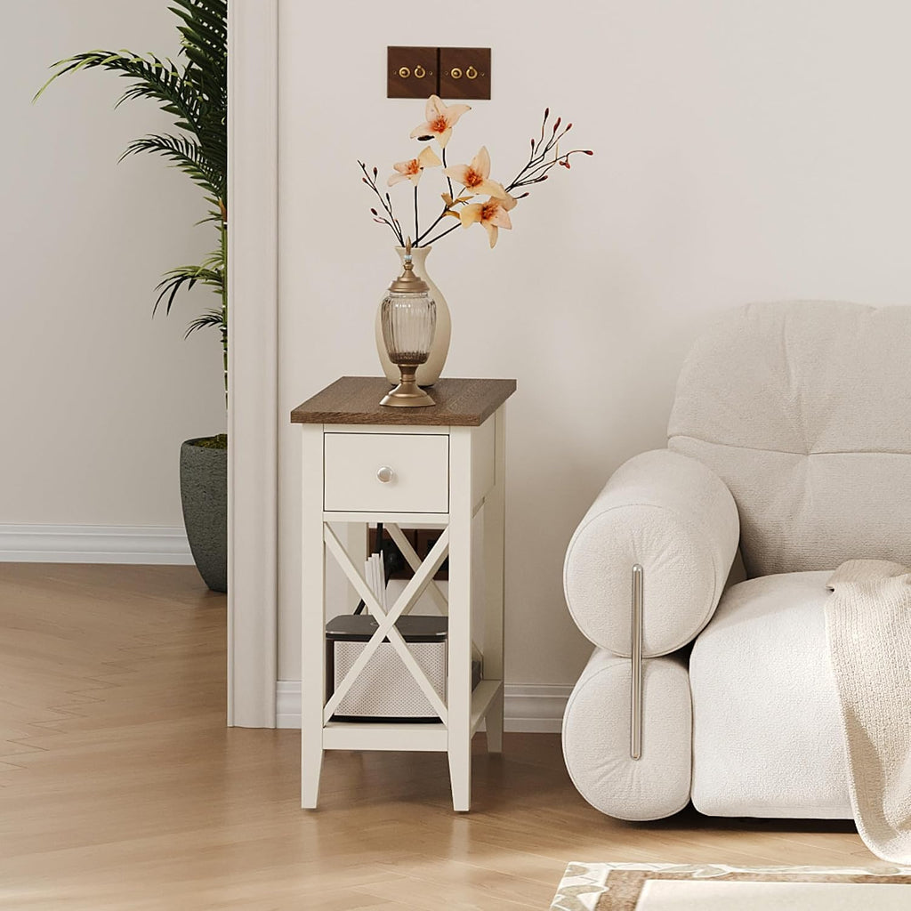 ChooChoo End Table Set of 2 with Charging Station, Narrow End Table with USB Ports and Outlets, Small Side Table Nightstand with Drawer for Living Room, Bedroom, Soft White