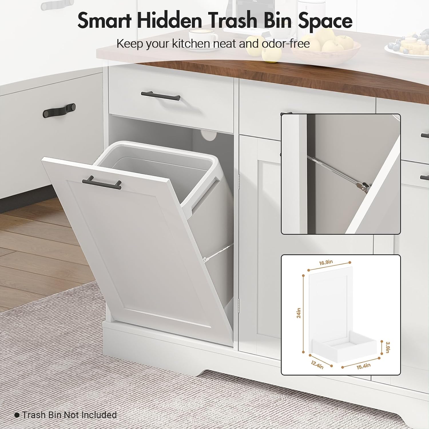 Kikihouse 55' Drop Leaf Kitchen Island Table with Power Outlet, Large Stationary Breakfast Bar with Storage Drawers, Trash Cabinet, Adjustable Shelves, Towel Rod & Spice Rack (White & Walnut)