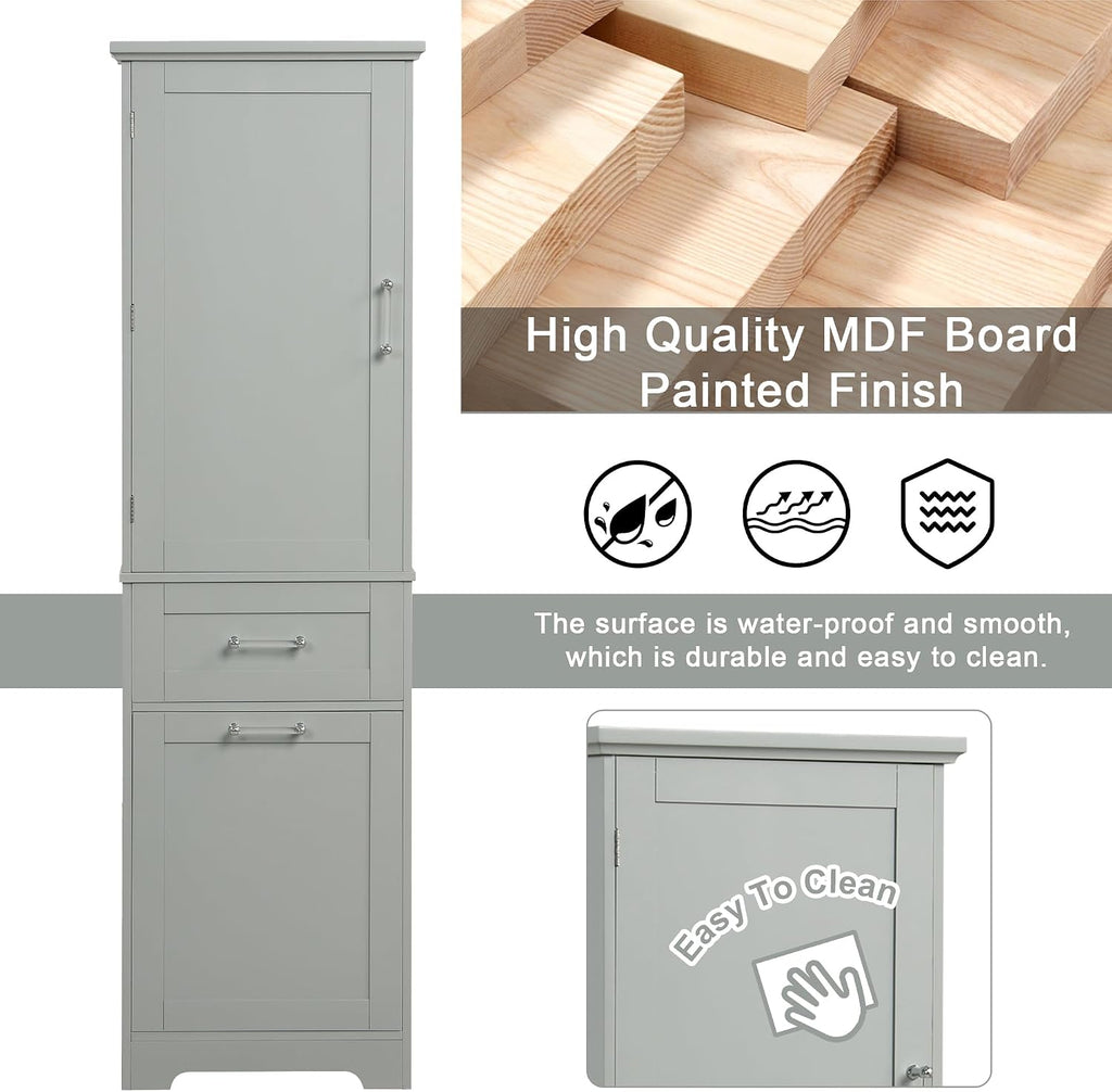 Bathroom Storage Cabinet with Adjustable Shelf, 68.4 in Tall | MDF, painted finish, adjustable shelf, enclosed storage, acrylic handles, anti-tip kit, bathroom, 20 W x 13.5 D x 68.4 H in