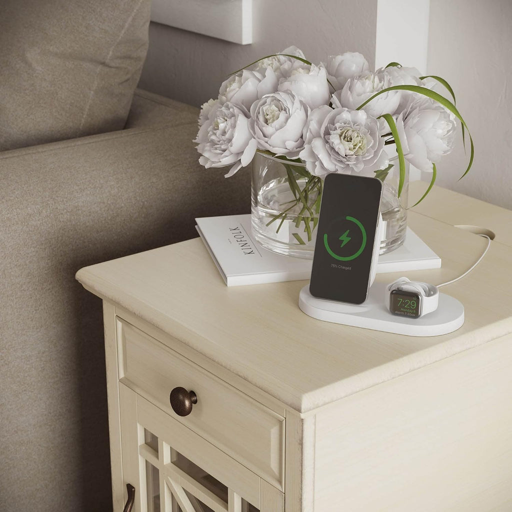 Jofran Farmhouse Craftsman End Table with Charging Station – Narrow Night Stands with USB Charging Port – Space-Saving Design for Bedroom, Living Room, or Entryway, Antique Cream