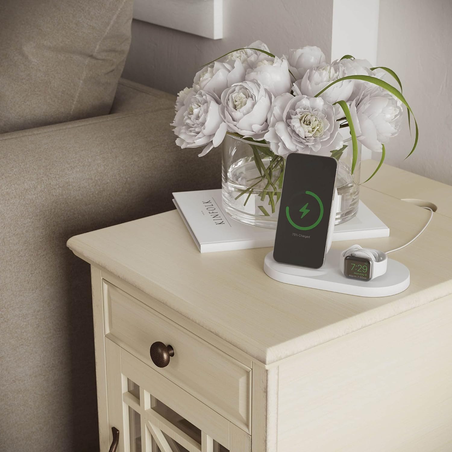 Jofran Farmhouse Craftsman End Table with Charging Station – Narrow Night Stands with USB Charging Port – Space-Saving Design for Bedroom, Living Room, or Entryway, Antique Cream