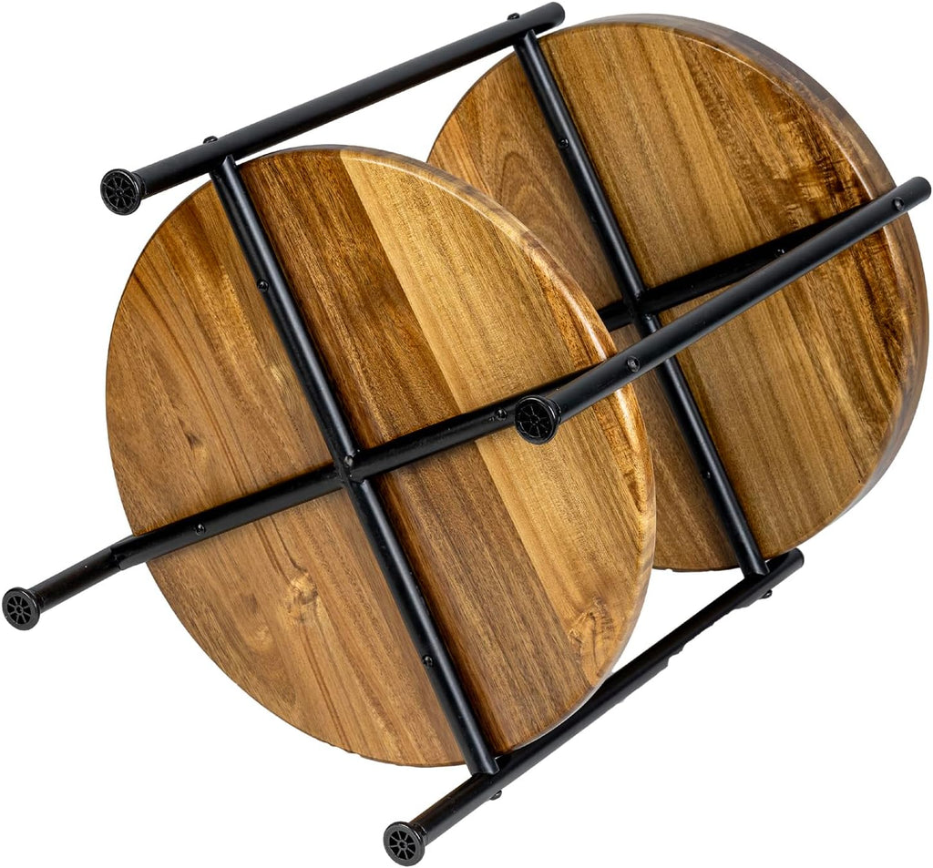 MyGift 2 Tier Round End Table with Premium Acacia Solid Wood Shelf and Black Metal Frame, 22 Inch Tall Side Table Modern Home Living Room or Bedroom Furniture