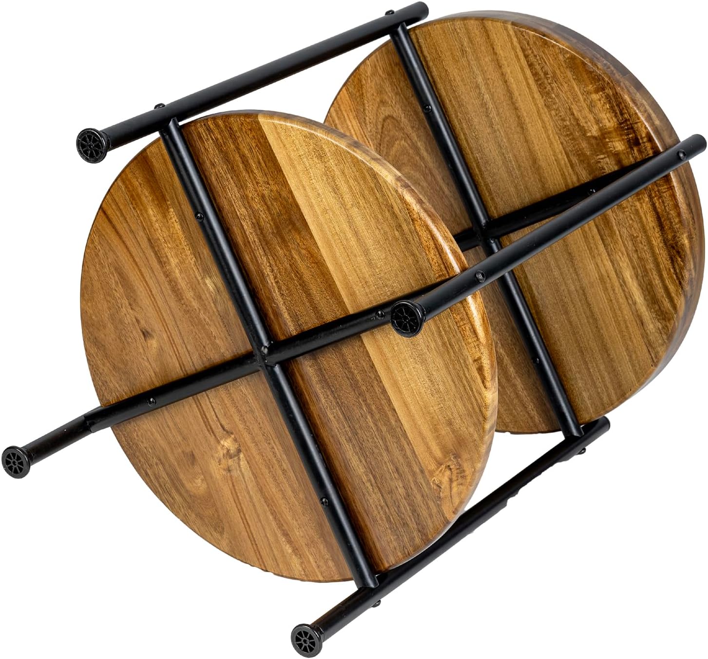 MyGift 2 Tier Round End Table with Premium Acacia Solid Wood Shelf and Black Metal Frame, 22 Inch Tall Side Table Modern Home Living Room or Bedroom Furniture