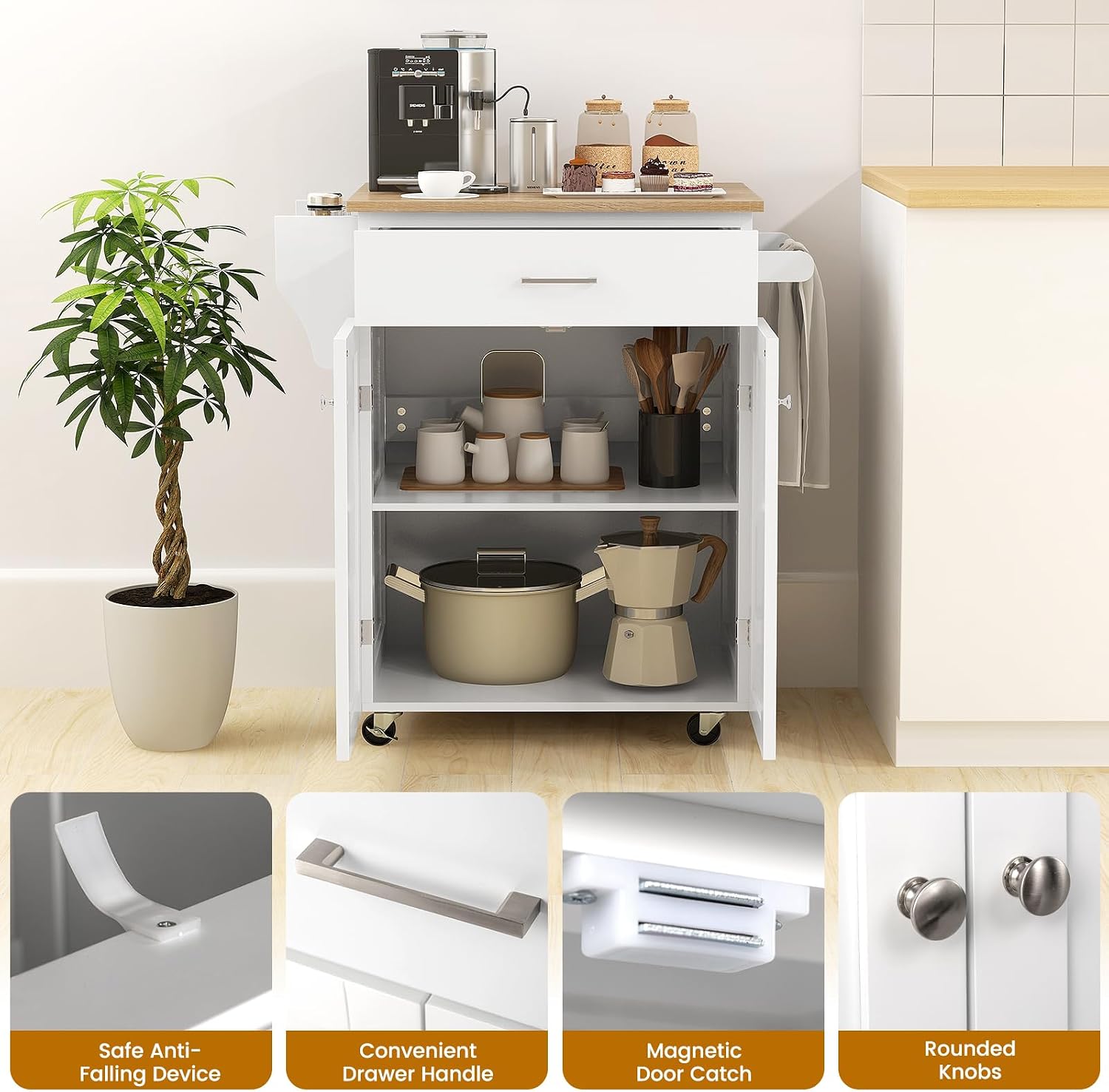 Kitchen Island, Rolling Kitchen Carts on Wheels with Storage Cabinet, Drawer, Spice Rack, Towel Bar, Modern Serving Trolley Cart Island Table for Dining Room, White, 32.5' L x 19' W x 36' H