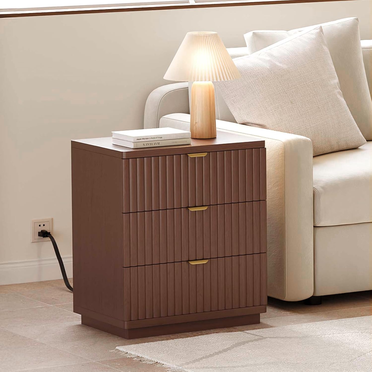 Nightstand with Charging Station, Wood Night Stand with 3 Drawers Storage Bedside Table Large Fluted Bed Side End Table, Modern Nightstand for Bedroom Living Room (Walmut)