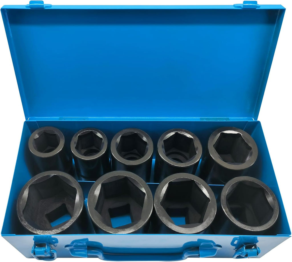 1 Inch Drive Deep Impact Socket Set, 9 Pieces Jumbo Impact Socket Sets, SAE 1' to 2', Chrome Steel, 6-Point Design, Metal Case